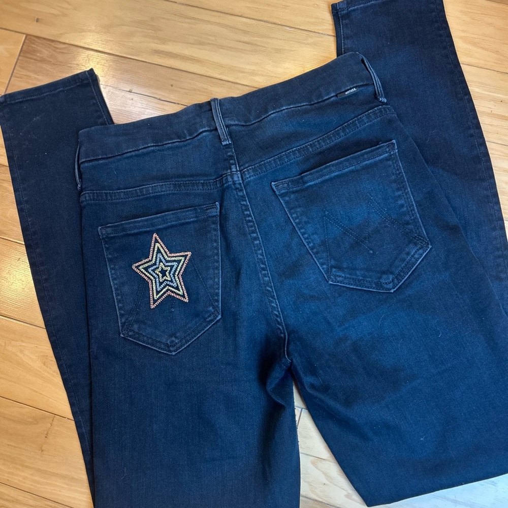 MOTHER Size 26 Dark Wash Skinny Jeans Embroidered Star Pocket Premium Denim